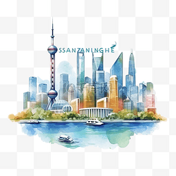中国的地图片_上海城市景观天际线多彩水彩风格