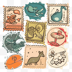 邮票剪贴画收集带有动物和其他随