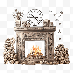砖砌的壁炉，燃烧着木柴，漂亮的