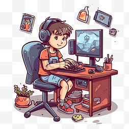 游戏剪贴画卡通男孩在电脑上玩视