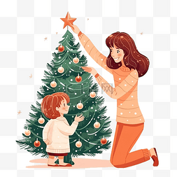 母亲和女儿装饰圣诞树，玩得很开