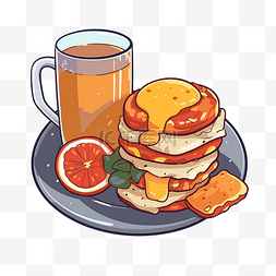 橙汁矢量图片_新鲜热早餐食谱煎饼配橙汁矢量插