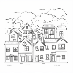 用建筑物和云绘制的卡通联排别墅
