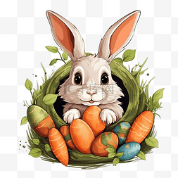 复活节孩子图片_PNG兔子角色从鸡蛋中偷看胡萝卜有