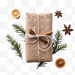 用冷杉树枝和香料装饰的圣诞礼盒