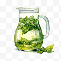 用具手绘图片_水罐与绿茶水彩插图