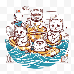 一群猫在海线插画中活动