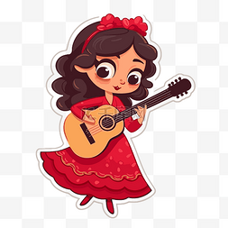 穿红衣服的女孩正在弹吉他 向量