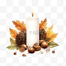 庆祝蜡烛橡子和树叶的感恩节快乐