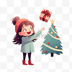 一个女孩站在圣诞树附近，扔出一
