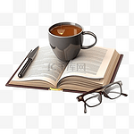 打开书与放大镜灯咖啡杯铅笔钱包隔离概念 3D 插图或 3D 渲染