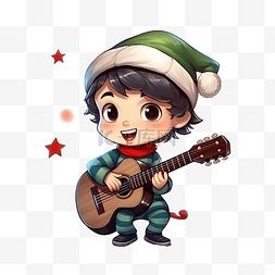 开心的小男生图片_穿著聖誕服裝彈吉他的卡通小男孩