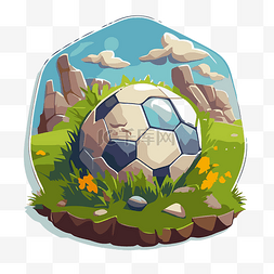 卡通足球场图片_卡通般的足球在草地上与岩石和山