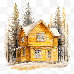 冬季小木屋图片_冬季森林自然水彩插画背景下卡通