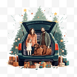 送给爸爸的图片_父亲把SUV车后备箱里的圣诞树送给