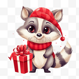 红色巾图片_可爱的卡通圣诞浣熊与鹿角和红色