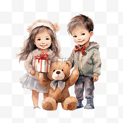 带泰迪熊的小男孩给妹妹送圣诞礼