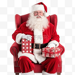 坐凳子男图片_正宗的圣诞老人，带着礼盒，坐在