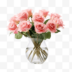 绽放的玫瑰图片_花瓶透明背景中的粉色玫瑰花