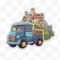 中世纪村庄蓝色的旧卡车，带有城