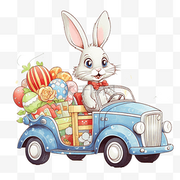 卡通礼物和图片_小兔子驾驶着复古车，上面有一个