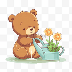 泰迪熊浇花平面风格卡通插画