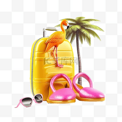 便携式行李图片_夏季旅行与黄色手提箱冲浪板凉鞋