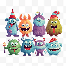 一群可爱的圣诞怪物矢量插画怪物