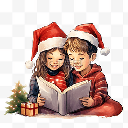 看書图片_兄弟姐妹躺在壁炉旁，拿着圣诞树