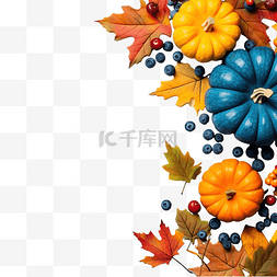 秋叶黄色图片_秋季构图在蓝色背景上留下浆果南