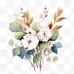 棉花背景图片_水彩元素树叶和棉花花束