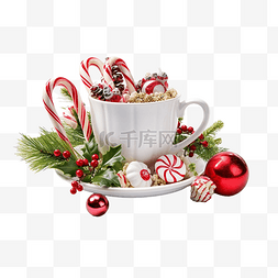 下午茶热饮图片_圣诞咖啡杯，配有糖果和节日装饰