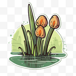 水里有蘑菇和花的水彩绿色贴纸 
