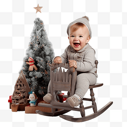 有趣的婴儿坐在雪橇圣诞树和壁炉