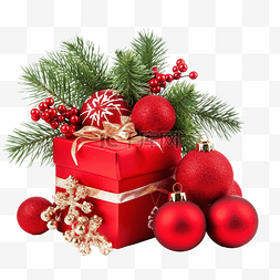 新年喜庆红色背景图片_有圣诞球和树枝的红色礼品盒