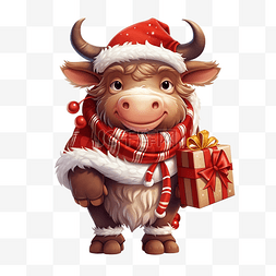 可爱的圣诞公牛穿着圣诞老人服装
