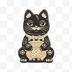 入口手绘图片_仿古风格日式招财猫黑猫插画