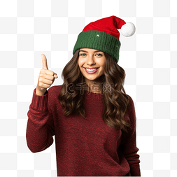 戴着圣诞帽的女孩用食指指着孤立