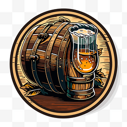 啤酒标签纸图片_复古木啤酒杯和桶，带有啤酒标签