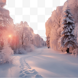 日落时美妙的圣诞冬季森林