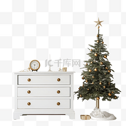 木制抽屉柜上的圣诞树，白色内饰