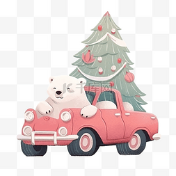 幸福汽车图片_北极熊乘坐一辆红色汽车，带着礼