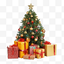 节日装饰的圣诞树下有鲜艳的礼物