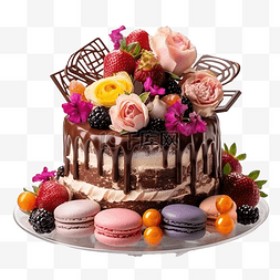 蛋糕水果和马卡龙均配有花卉装饰