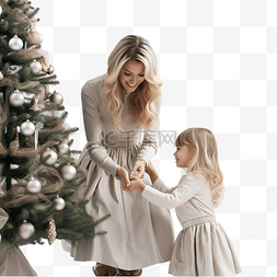 可爱的小女孩和金发妈妈装扮圣诞
