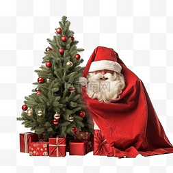 圣诞老人躲在圣诞树后面藏礼物
