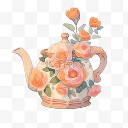 配花素材图片_水彩橙桃花玫瑰配茶壶容器元素