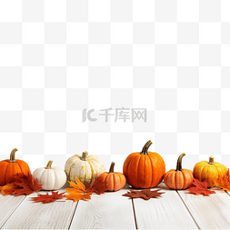 苍蝇种类图片_白色木桌上的秋天南瓜和叶子