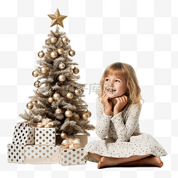 全家福诗句图片_坐在一棵程式化的圣诞树旁的小女