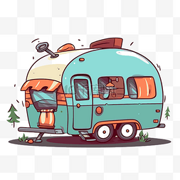 拖车卡通图片_复古风格可爱的露营车剪贴画露营